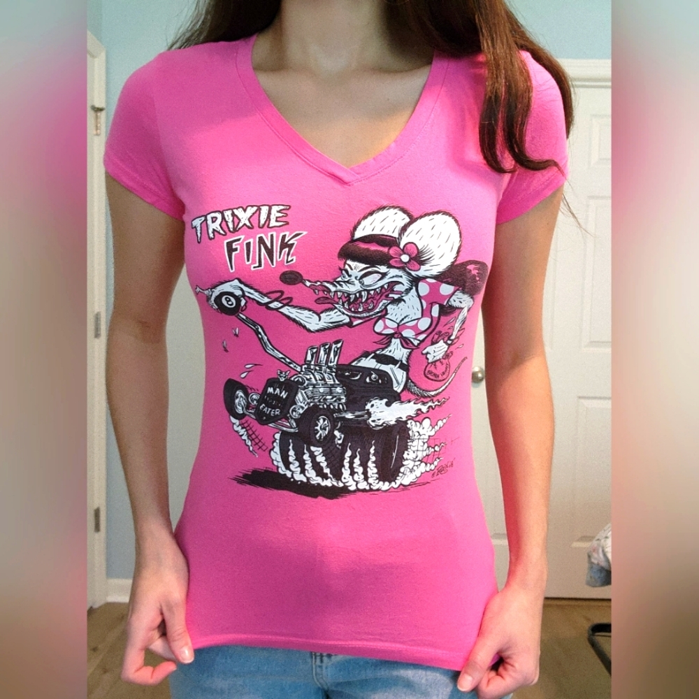 Rat Fink Trixie Fink pink v-neck shirt